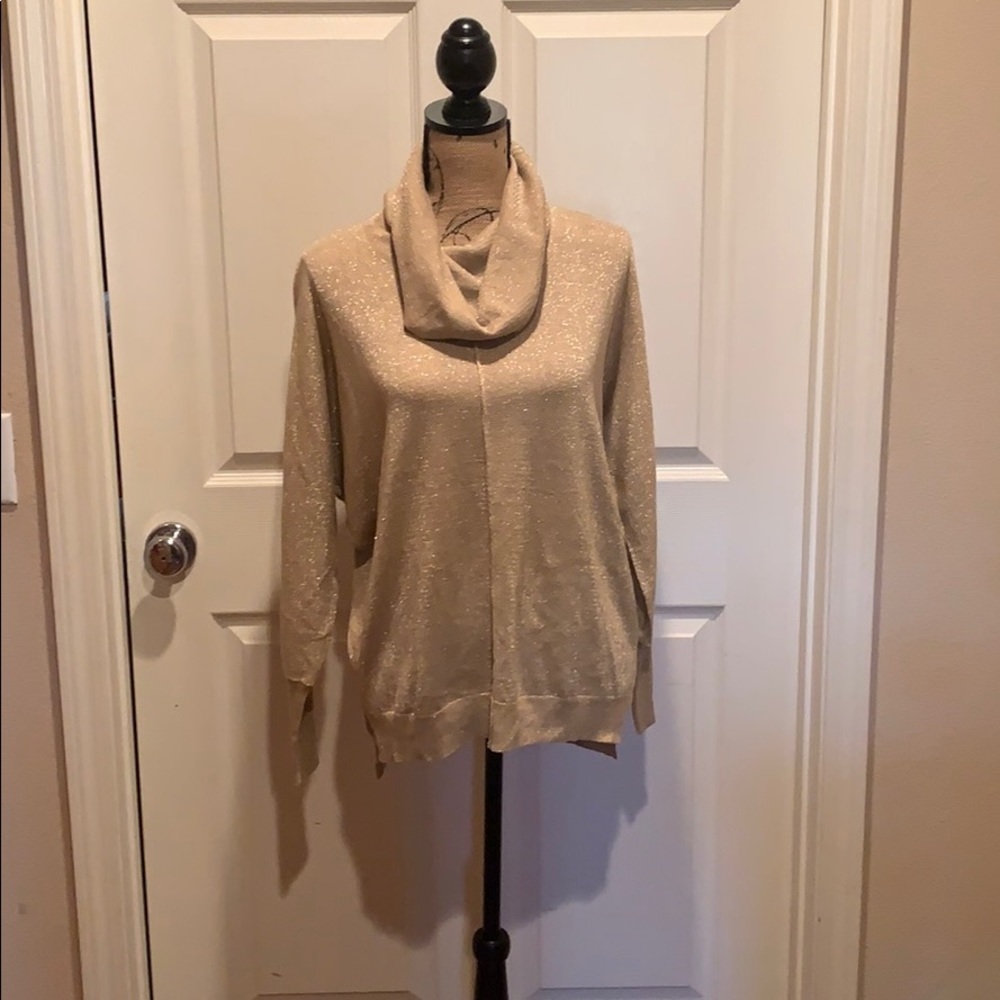 Gold metallic cow neck holiday sweater